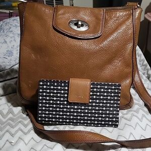 Fossil Tan large  Leather Crossbody Style with Black & White Patterned Wallet